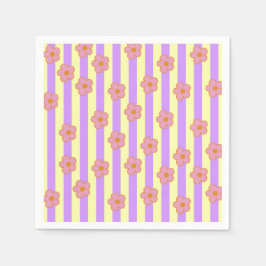 レトロヴィンテージ紫ストライプの花柄 スタンダードカクテルナプキン