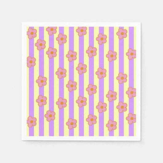 レトロヴィンテージ紫ストライプの花柄 スタンダードカクテルナプキン (正面)