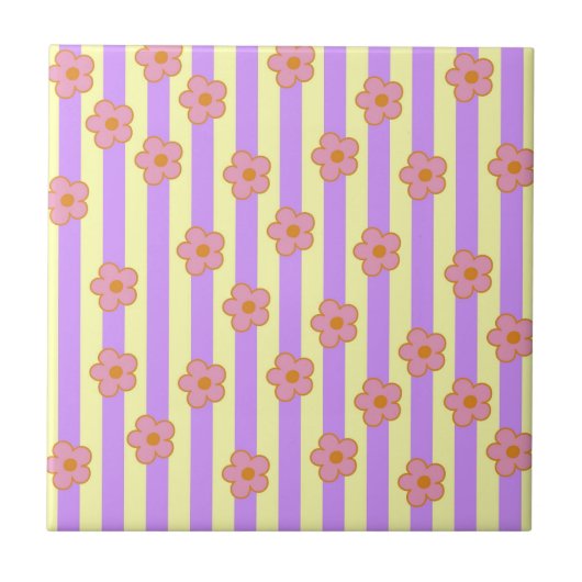 レトロヴィンテージ紫ストライプの花柄 タイル (正面)