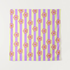 レトロヴィンテージ紫ストライプの花柄 タペストリー