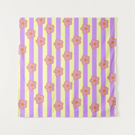 レトロヴィンテージ紫ストライプの花柄 タペストリー (正面)