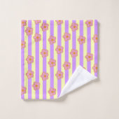 レトロヴィンテージ紫ストライプの花柄 バスタオルセット (ウォッシュタオル)