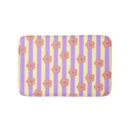 レトロヴィンテージ紫ストライプの花柄 バスマット