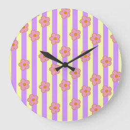 レトロヴィンテージ紫ストライプの花柄 ラージ壁時計