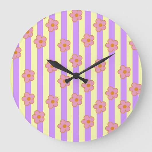 レトロヴィンテージ紫ストライプの花柄 ラージ壁時計 (正面)