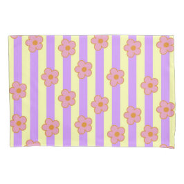 レトロヴィンテージ紫ストライプの花柄 枕カバー