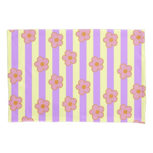レトロヴィンテージ紫ストライプの花柄 枕カバー (正面)