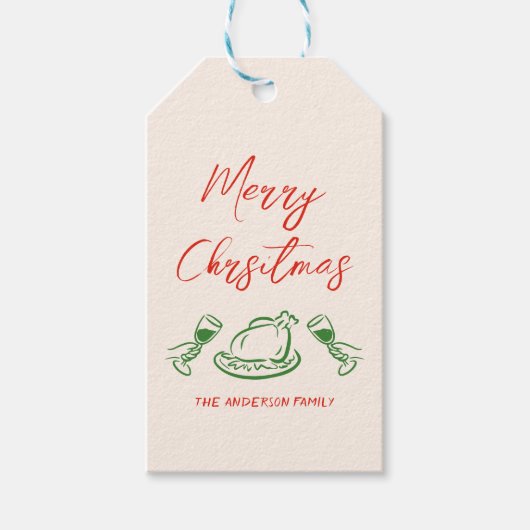 レトロヴィンテージ赤い緑の手を引き出し陽気なクリスマス ギフトタグ (正面)