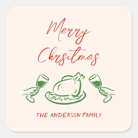レトロヴィンテージ赤い緑の手を引き出し陽気なクリスマス スクエアシール (正面)