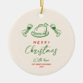 レトロヴィンテージ赤い緑の手を引き出し陽気なクリスマス セラミックオーナメント (正面)