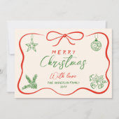 レトロヴィンテージ赤い緑の手描き写真クリスマス シーズンカード (正面)