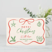 レトロヴィンテージ赤い緑の手描き写真クリスマス シーズンカード (スタンド正面)
