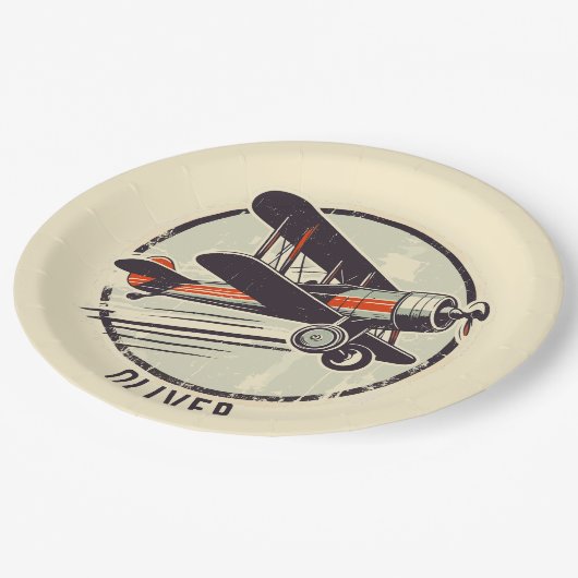 レトロヴィンテージ赤と緑の二面飛行機 ペーパープレート (アングル)