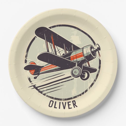 レトロヴィンテージ赤と緑の二面飛行機 ペーパープレート (正面)