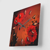 レトロヴィンテージ赤ポピー花フローラデザインイリュウ スクエア壁時計 (傾斜)