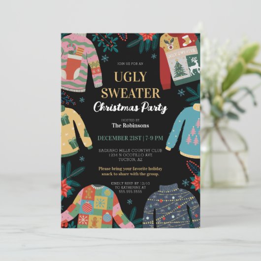 レトロヴィンテージ醜いクリスマスセーターホリデーパーティー 招待状 (スタンド正面)