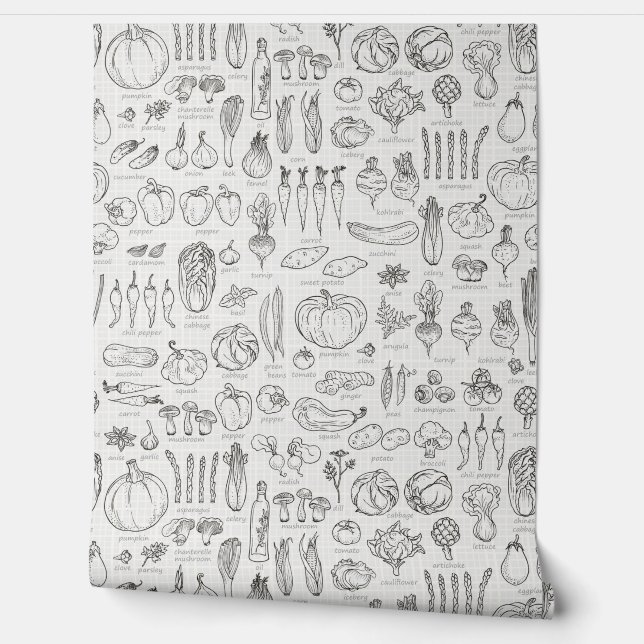 レトロヴィンテージ野菜、名前とスパイスKitchen 壁紙 (ほどく)