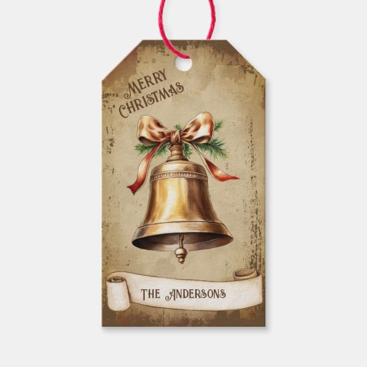 レトロヴィンテージ金ゴールドブラスベルメリークリスマス ギフトタグ (正面)
