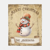 レトロヴィンテージ雪だるまカスタムメリークリスマス フリースブランケット (正面)