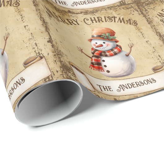 レトロヴィンテージ雪だるまカスタムメリークリスマス ラッピングペーパー (ロールコーナー)