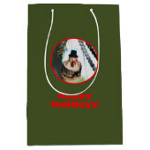 レトロヴィンテージ雪だるまクリスマスオーナメントグリーン ミディアムペーパーバッグ (正面)