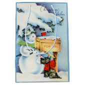 レトロヴィンテージ雪だるまクリスマス ミディアムペーパーバッグ (正面)