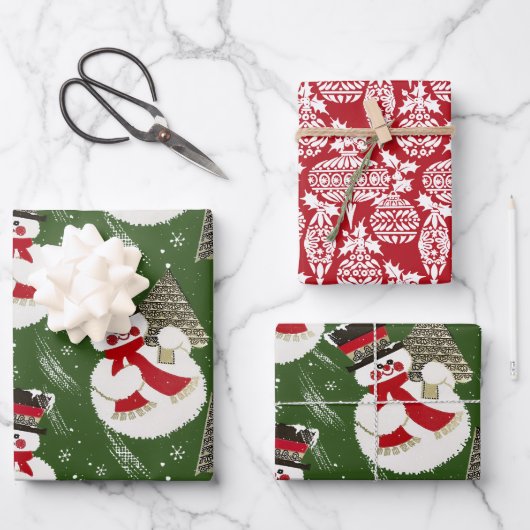 レトロヴィンテージ霜の降りた雪だるま ラッピングペーパーシート (正面)