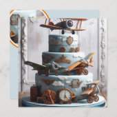 レトロヴィンテージ飛行機主題お誕生日ケーキ 招待状 (正面/裏面)