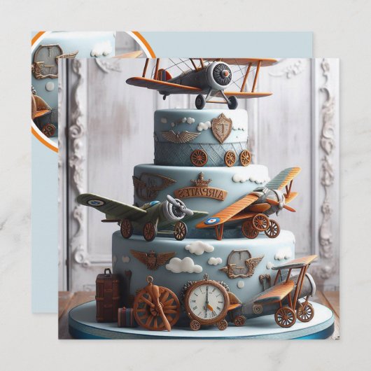 レトロヴィンテージ飛行機主題お誕生日ケーキ 招待状 (正面/裏面)