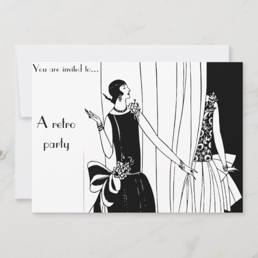 レトロヴィンテージ1930年代、テーマが白黒のパーティー 招待状 (正面)