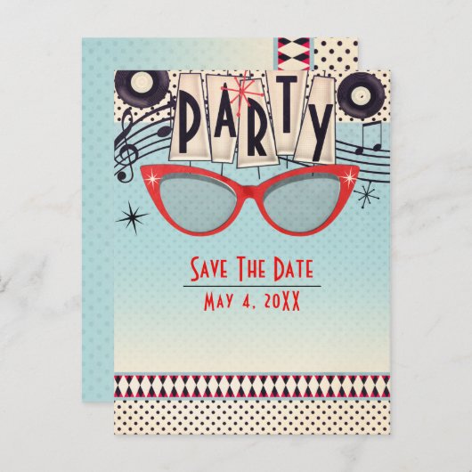 レトロヴィンテージ1950の50番目のパーティー保存日付 案内ポストカード (正面/裏面)