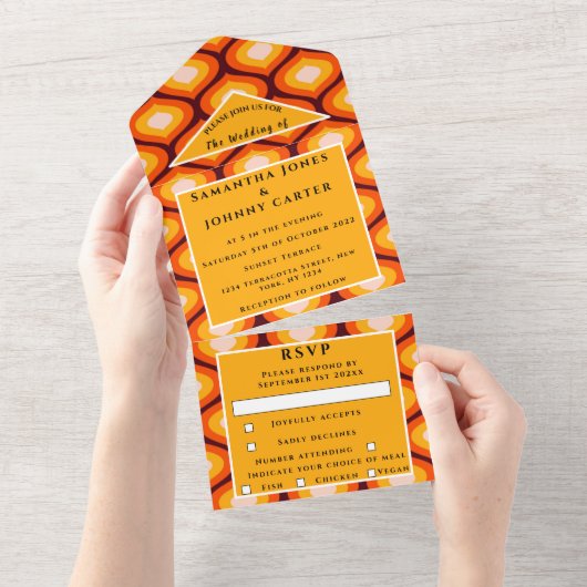 レトロヴィンテージ1960s 1970sパターカラフルン結婚s オールインワン招待状 (貼ってはがせる)