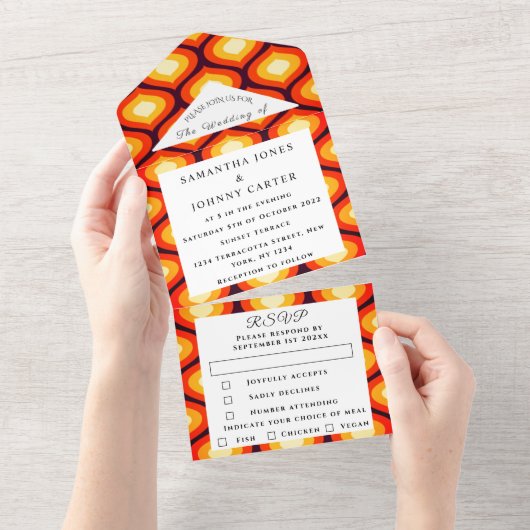 レトロヴィンテージ1960s 1970sパターカラフルン結婚s オールインワン招待状 (貼ってはがせる)
