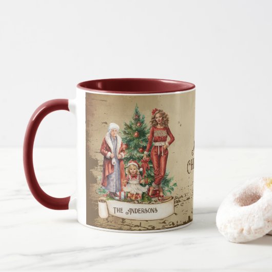 レトロヴィンテージ3世代とクリスマスツリー マグカップ (ドーナツ)