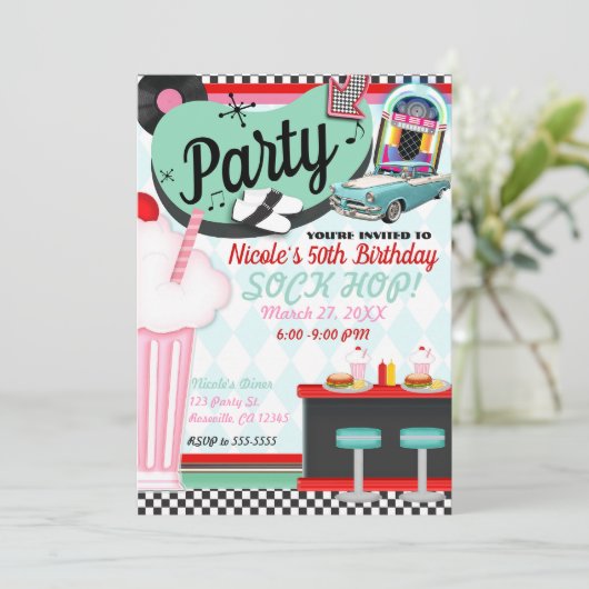 レトロヴィンテージ50のフィフティスディーナーバースデーパーティー 招待状 (スタンド正面)