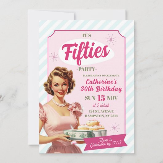 レトロヴィンテージ50代アダルトバースデーパーティー 招待状 (正面)