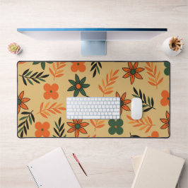 レトロヴィンテージ70sフローラ花葉のパターン デスクマット