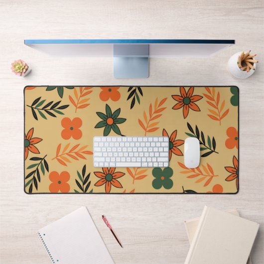 レトロヴィンテージ70sフローラ花葉のパターン デスクマット (オフィス1)