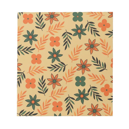 レトロヴィンテージ70sフローラ花葉のパターン ノートパッド (正面)