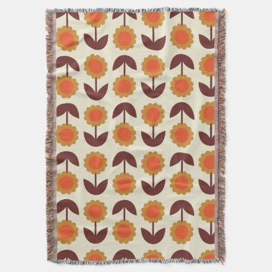 レトロヴィンテージ70s花柄オレンジと茶 スローブランケット (正面縦)