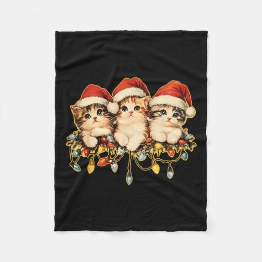 レトロヴィンテージ90s猫クリスマスライトクリスマス1 フリースブランケット (正面)