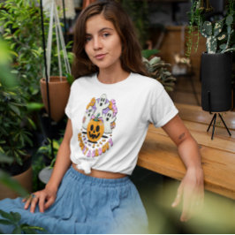 レトロ不気味グルーヴィ幽霊パンプキンハロウィーン Tシャツ