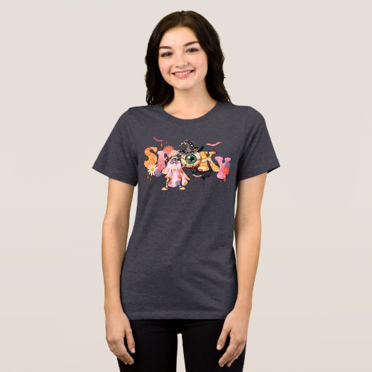 レトロ不気味ヒッパイハロウィーンおもしろい幽霊 トライブレンドＴシャツ (正面全面)