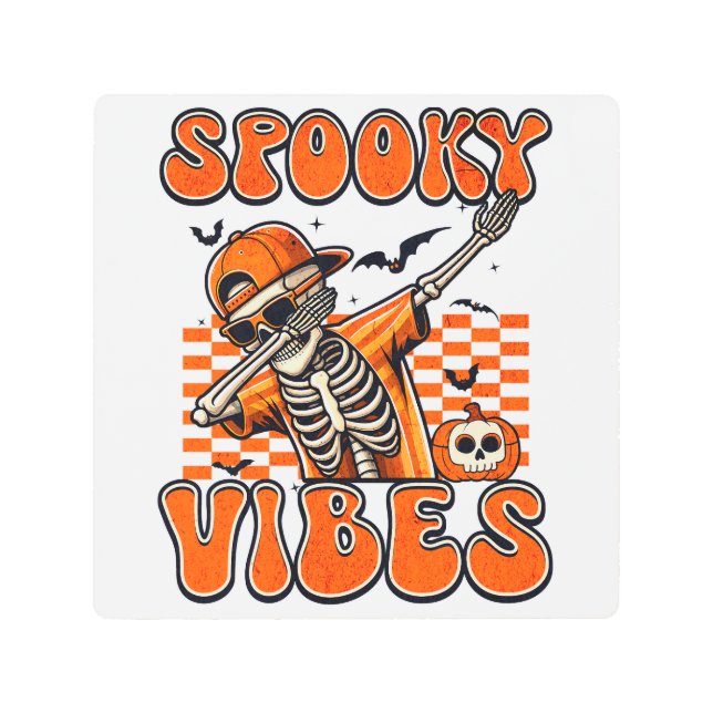 レトロ不気味ビベスダビングスケルトンハロウィーン メタルプリント (正面)