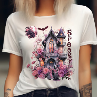 レトロ不気味ピンクハロウィン幽霊のよく出るハウスバラ Tシャツ