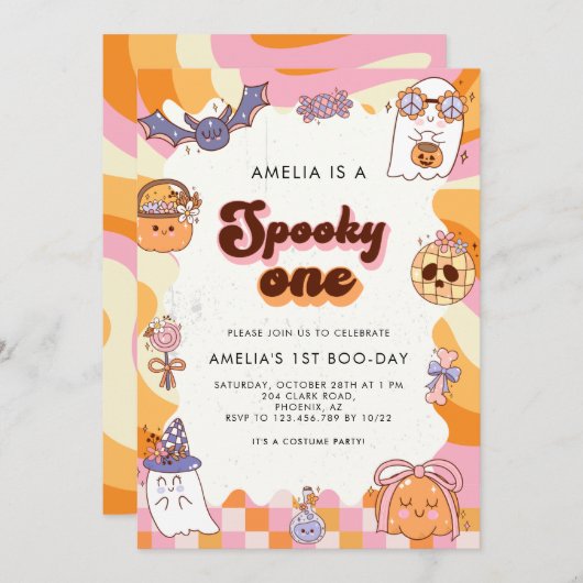 レトロ不気味ワンピンクハロウィーン1回目の誕生日 招待状 (正面/裏面)