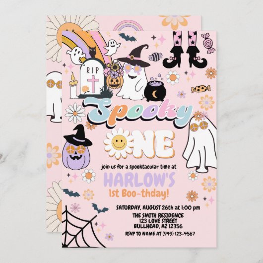 レトロ不気味Groovy One Halloween 1st誕生日 招待状 (正面/裏面)