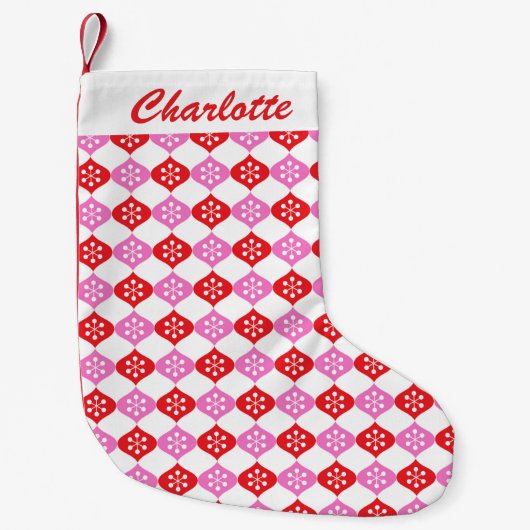 レトロ中モダン原子パターンピンクレッドパーソナライズされた スモールクリスマスストッキング (正面)