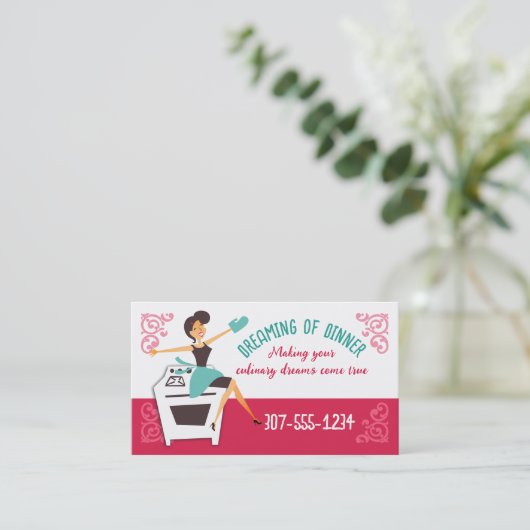 レトロ主婦の料理，シェフ，ケータリングビズカード 名刺 (スタンド正面)