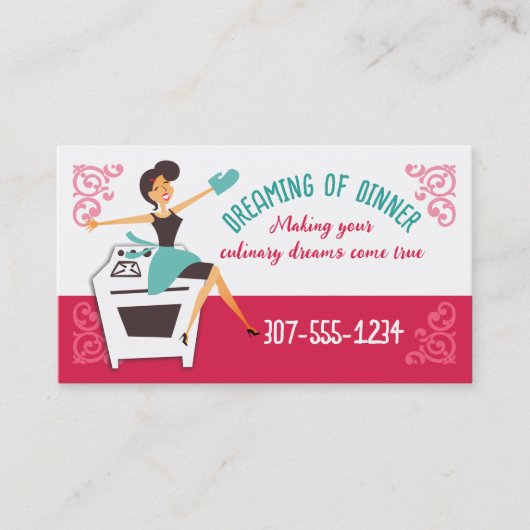 レトロ主婦の料理，シェフ，ケータリングビズカード 名刺 (正面)